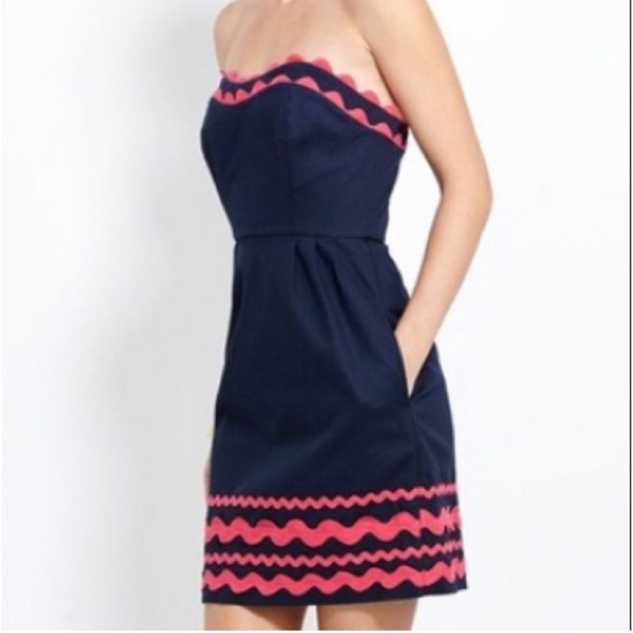 Vineyard Vines Strapless Dress Navy/ Pink Sz. 6 - Picture 3 of 9